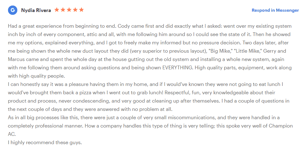 Champion Home Services Google Review