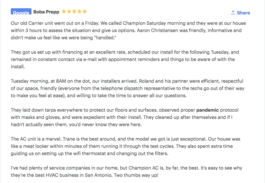 Champion Home Services Google Review