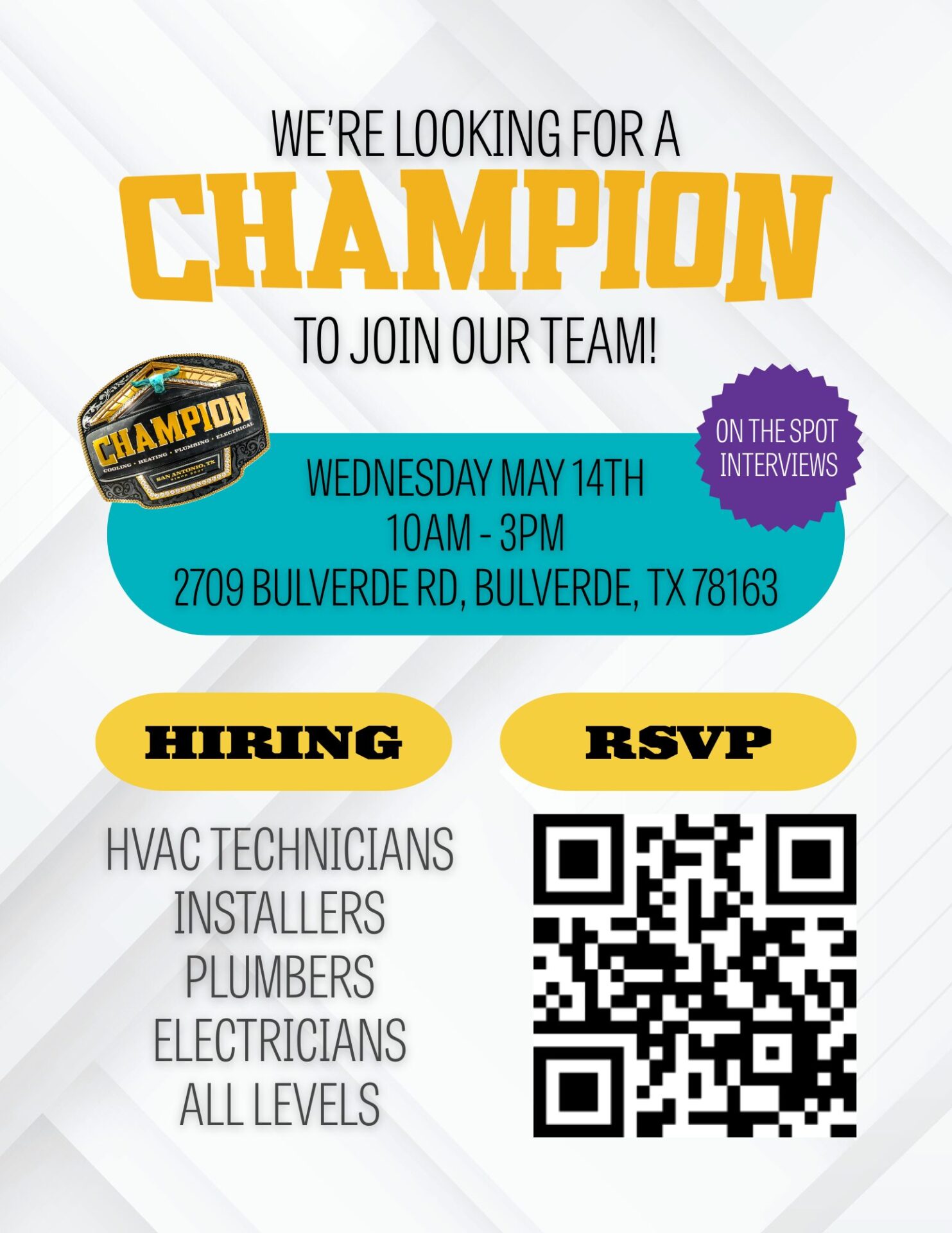 Champion Home Services Hiring Event, 5/14/25, 10am to 3pm